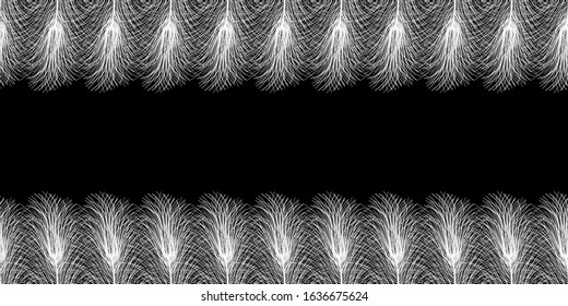 White feathers banner on a black background. Seamless vector illustration. Black and white texture for wrapping paper, web, wallpaper, textile, scrapbooking, print etc. Creative feathers background. 