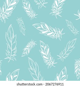 Las plumas blancas flotando sin costuras. Antecedentes con plumas pintadas sobre un sustrato delicado. Plantilla para papel tapiz, embalaje, diseño de tejido y producto, ilustración vectorial
