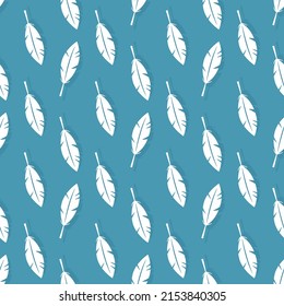 White feathers on a blue background. Seamless pattern. Isolated vector image. Background texture.