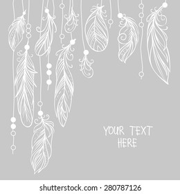 White feathers on gray background. Vector card design