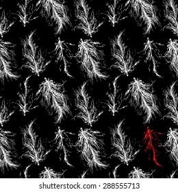 White feathers and one red feather on black background. Seamless vector pattern