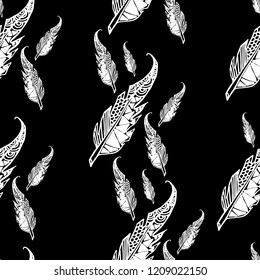 white feathers seamless pattern for fabric print,  background, feather, ethnic, on black, stock vector illustration.