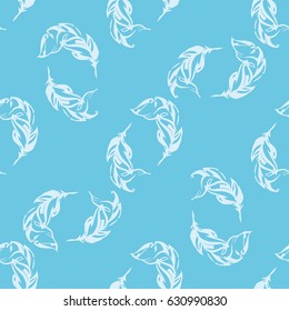 White feathers seamless pattern on blue background. Fashion graphic design. Vector illustration