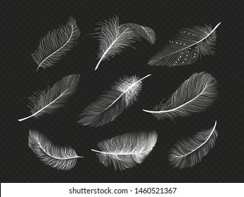 White feathers set. Collection of different falling fluffy twirled feathers, Realistic style, Vector illustration. Vector