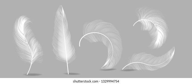 White Feathers Set Vector. Insomnia, Healthy Sleep, Dreams Concept. Isolated Illustration