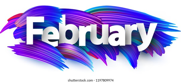 White February banner or poster template with blue and purple gradient brush strokes. Colorful gradient brush design. Vector paper illustration.
