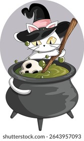 White Feline Cat with Witch Hat Brewing Toxic Potion in Cauldron. Cartoon Halloween Illustration