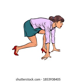 White female businesswoman at the start. Pop art retro illustration kitsch vintage 50s 60s style