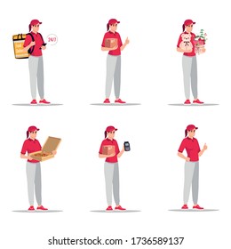 White female courier in red uniform flat vector illustrations set. Delivery service worker. 24 7 shipping of orders. Fast food home delivery. Caucasian woman isolated cartoon one character kit