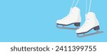 White female figure skates isolated on blue background. Winter sport. Ski mountain resort banner. Vector