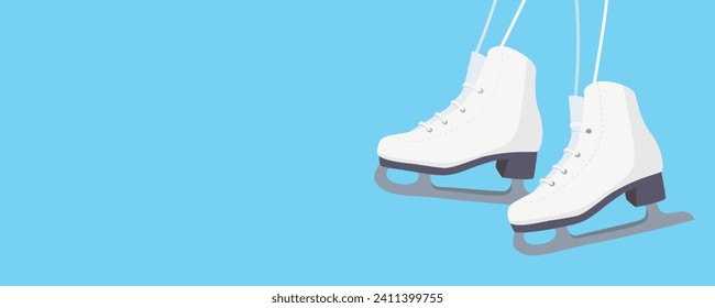 White female figure skates isolated on blue background. Winter sport. Ski mountain resort banner. Vector