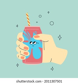 White female hand with soda can cartoon illustration. Vector flat and line design. Funny abstract character on the can. Striped cocktail straw.