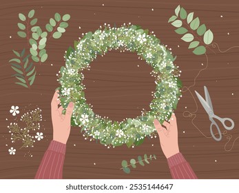 White female hands making wedding wreath at floristic workshop with eco-friendly materials. Eucalyptus, salal leaves and gypsophila flowers. Florist at work. Hand drawn vector illustration