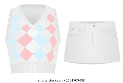 White female knitted vest and mini skirt. vector