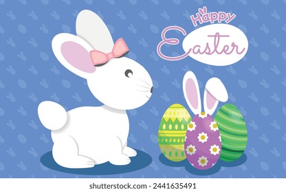 White Female Rabbit Flat Illustration with Easter Eggs and Happy Easter Logo Message