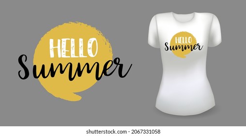 White female realistic t shirt with label. Hello summer badge. Vector
