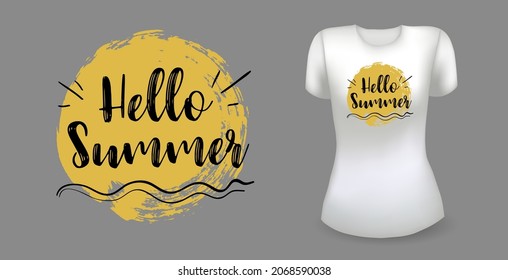 White female realistic t shirt with label. Hello summer badge. Vector