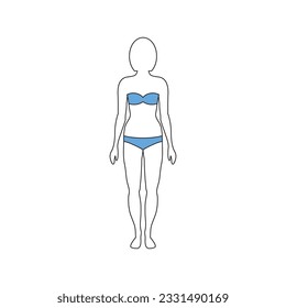 White female silhouette with black outline. Standing adult woman in open blue swimsuit. Unknown slender girl. Standard female figure in full growth. Figure with correct body proportions. Front view.