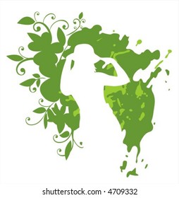 White female silhouette on a green grunge vegetative background.