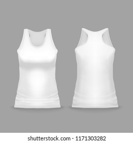 White female sport tank top vector illustration of 3d realistic casual or sportswear or T-shirt mockup model for promo branding. Isolated template of sleeveless woman vest or gym wear for print design