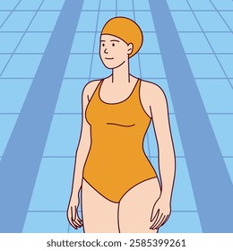 A white female swimmer in a yellow swimsuit and a swim cap stands at the edge of a pool, preparing to swim.