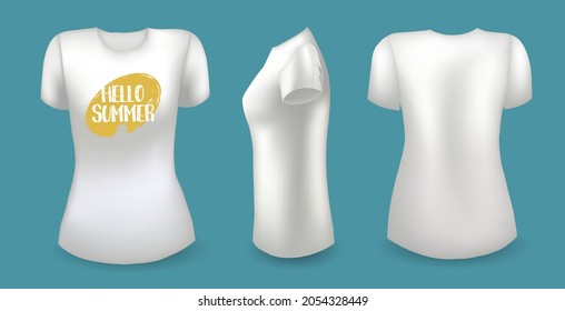 White female t shirt with label. Front, back and side view. Hello summer badge. Vector