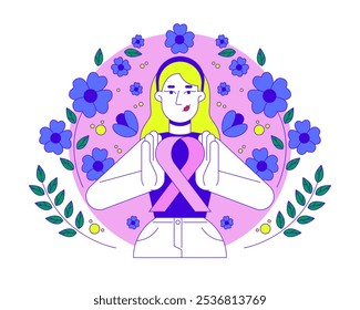 White feminist movement of pink ribbon 2D illustration concept. Breast cancer solidarity. Caucasian woman femininity cartoon character isolated on white. Metaphor abstract flat vector graphic