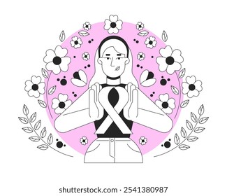 White feminist movement of pink ribbon black and white 2D illustration concept. Breast cancer solidarity. Caucasian woman femininity outline character isolated. Metaphor monochrome vector art