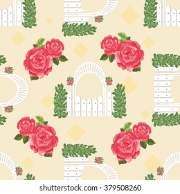 White fence and gate in patio with blooming roses. Vector seamless pattern