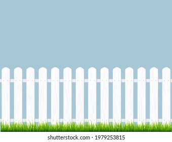 White fence with grass. Wooden picket background isolated farm garden barrier illustration