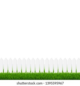 White Fence With Green Grass And White Background, Vector Illustration