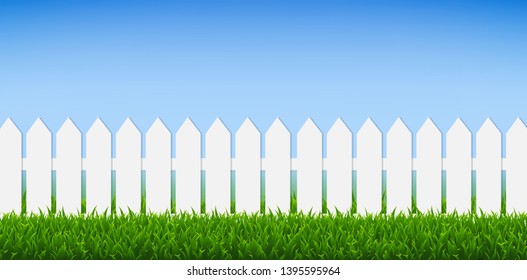 White Fence With Green Grass And Blue Sky, Vector Illustration