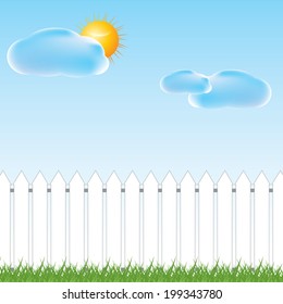 White fence and green grass on blue sky background, vector illustration