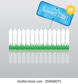 White fence and green grass on blue.vector