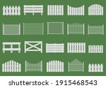 White fences. Wooden fences, garden or house wood fencing. Rural white fence isolated vector illustration set. Wooden fence farm, barrier garden, wood fencing