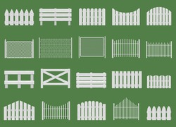 White Fences. Wooden Fences, Garden Or House Wood Fencing. Rural White Fence Isolated Vector Illustration Set. Wooden Fence Farm, Barrier Garden, Wood Fencing