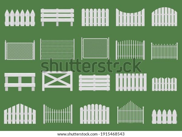 White fences. Wooden fences, garden\
or house wood fencing. Rural white fence isolated vector\
illustration set. Wooden fence farm, barrier garden, wood\
fencing