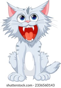 A white, ferocious-looking cartoon cat isolated on a white background