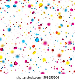 Fondo festivo blanco con confetti de colores borrosos. Ilustración de papel vector.