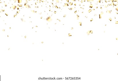 White festive background with blurred golden confetti. Vector paper illustration.