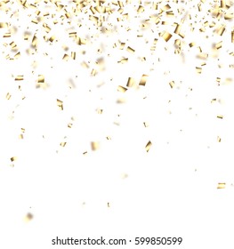 White festive background with blurred golden confetti. Vector paper illustration.