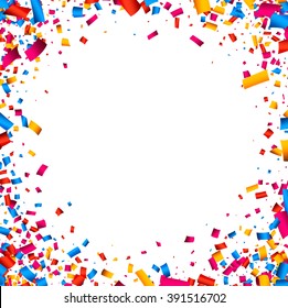 White festive background with color confetti. Vector illustration.