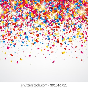 White festive background with color confetti. Vector illustration.