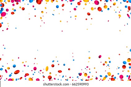 White festive background with colorful glossy confetti. Vector illustration.