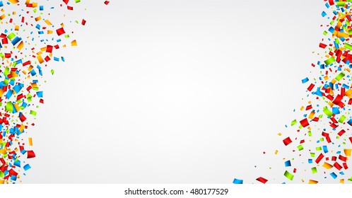White festive background with colour confetti. Vector paper illustration.