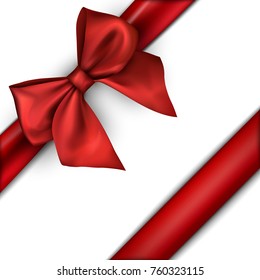 White festive background with red satin bow. Vector illustration.