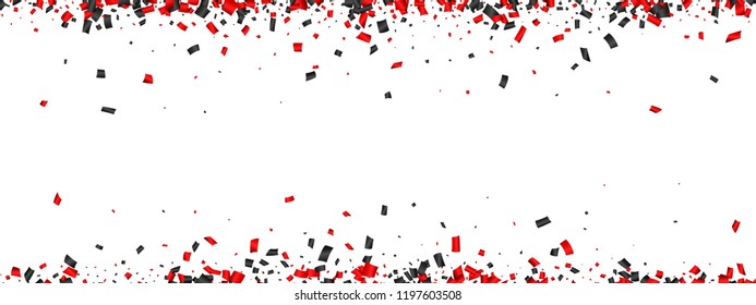 White festive banner with red and black paper confetti. Vector background. 