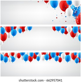 White festive banners with balloons and stars. Vector paper illustration.