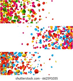 White festive banners set with glossy colorful confetti. Vector illustration.