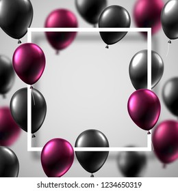 White festive card with square frame and black and pink shiny balloons. Holiday design. Vector background.